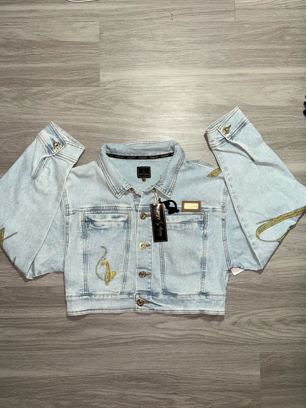 Baby Phat Light Blue Denim Cropped Jacket with Gold Embroidery